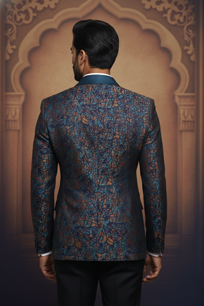 Mosaic Pattern Blazer with Blue Shawl Collar