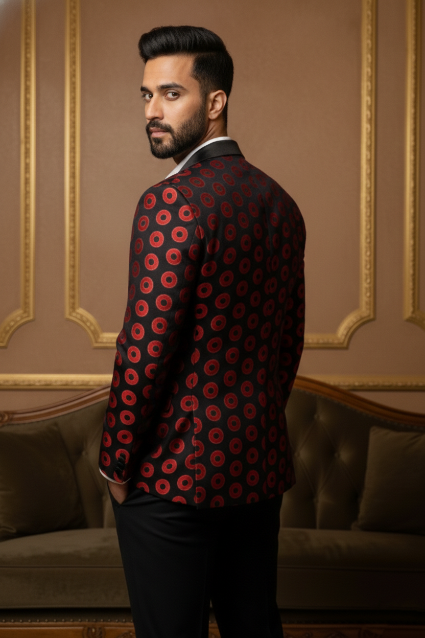 Men's Premium Black & Red Geometric Polka-Dot Party Wear Blazer , Slim Fit Tuxedo Style
