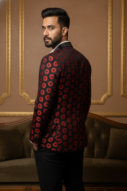 Men's Premium Black & Red Geometric Polka-Dot Party Wear Blazer , Slim Fit Tuxedo Style