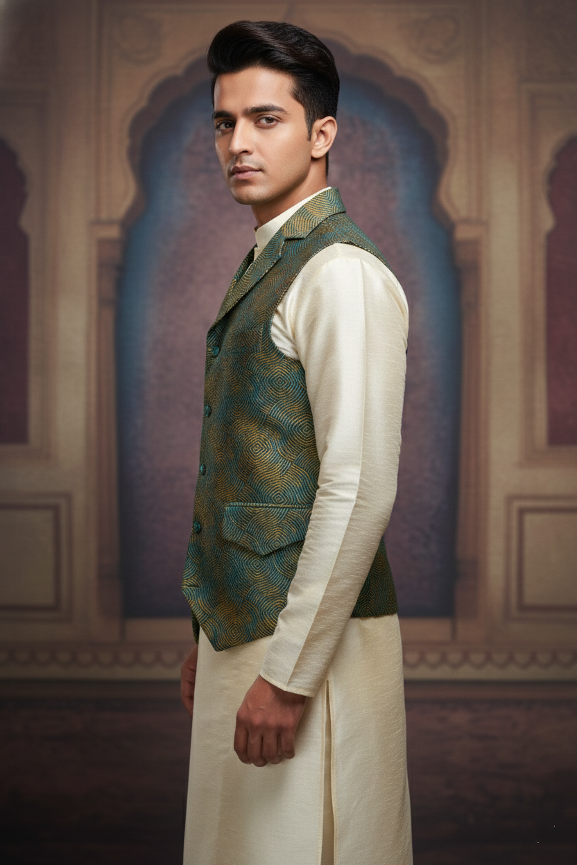 Men’s Premium Teal & Mustard Geometric Jacquard Waistcoat with Notched Lapel