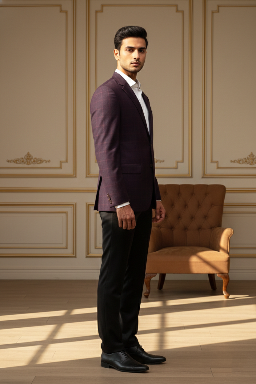 Men's Slim-Fit Plum Windowpane Check Formal Blazer