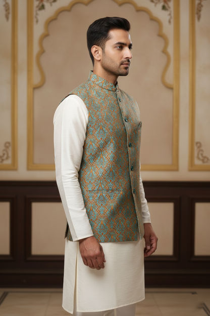 Men’s Teal Printed Nehru Jacket with Ivory Kurta