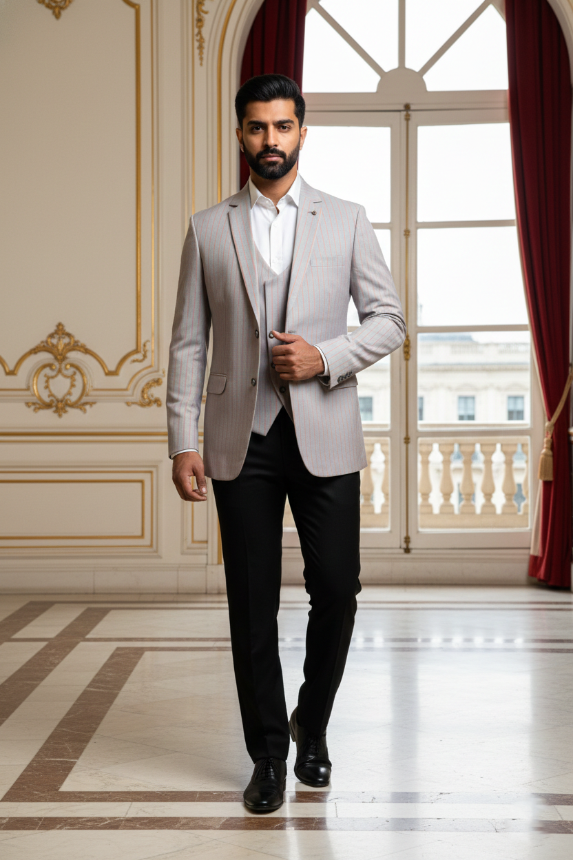 Men's Grey & Orange Pinstripe 3-Piece  Formal Suit