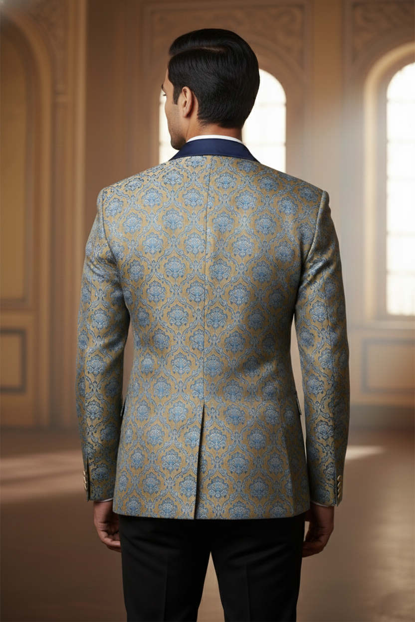 Gold & Light Blue Brocade Blazer with Satin Lapels
