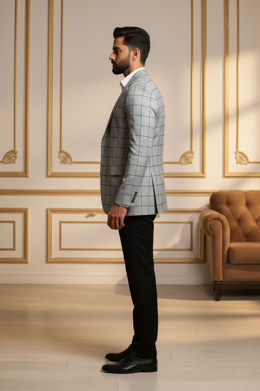 Men'sLight Grey Windowpane Check Slim-Fit Blazer