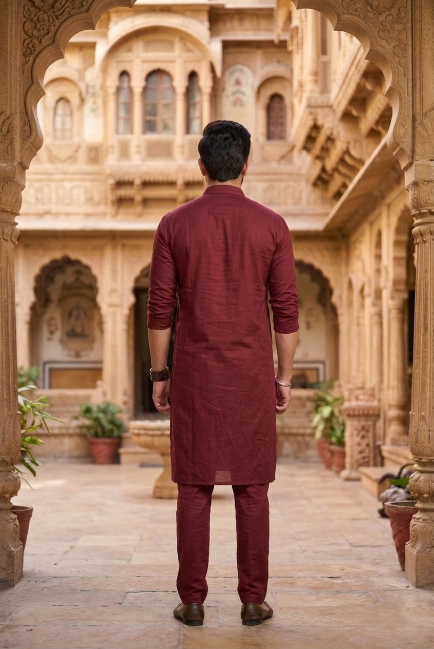Men'sWine Red Cotton Silk Plain Kurta Pajama Set