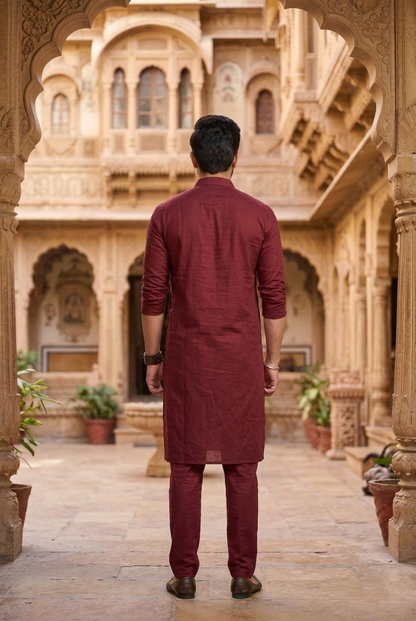Men'sWine Red Cotton Silk Plain Kurta Pajama Set