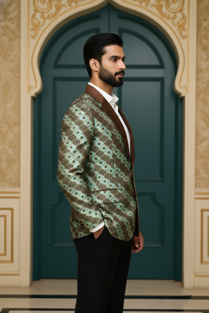 Men'sSeafoam Green & Antique Bronze Jacquard Tuxedo Blazer , Designer Ethnic Fusion