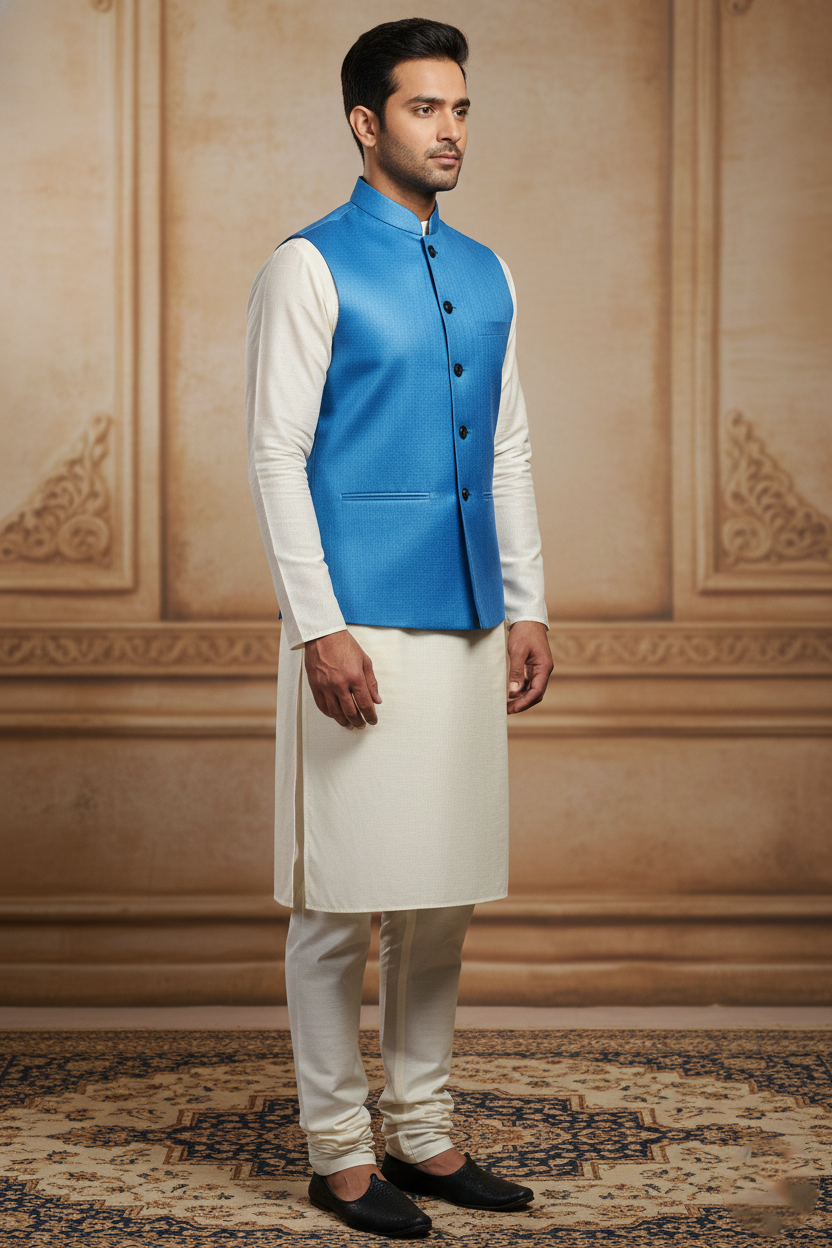Men's Sky Blue Textured Nehru Jacket – Slim Fit Minimalist Ethnic Modi Waistcoat for Weddings & Festive Events