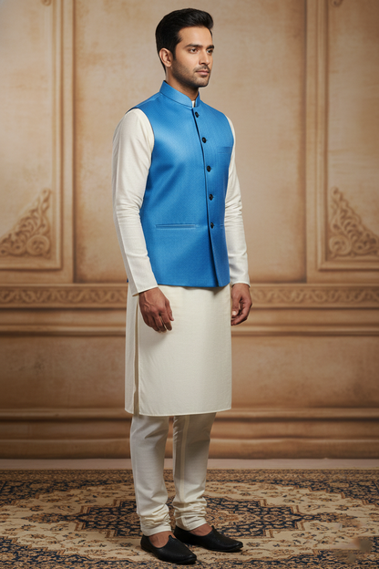 Men's Sky Blue Textured Nehru Jacket – Slim Fit Minimalist Ethnic Modi Waistcoat for Weddings & Festive Events