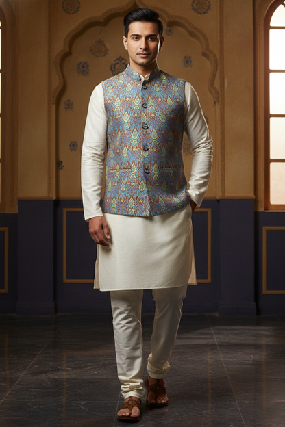 Men’s Blue Printed Nehru Jacket | Ethnic Mandarin Collar Waistcoat for Festive & Wedding Wear