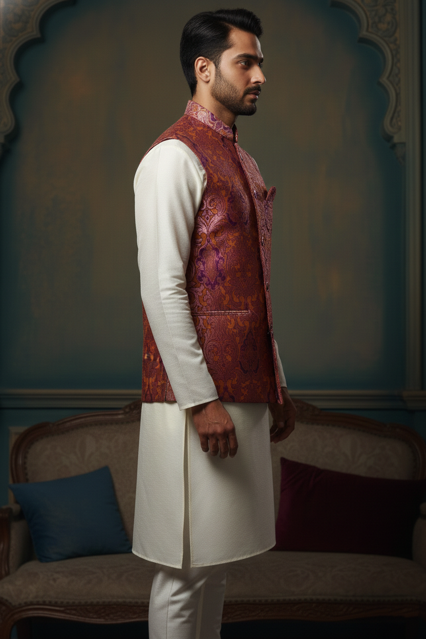 Men’s Wine Printed Nehru Jacket with Ivory Kurta