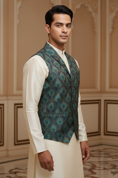 Men’s Navy Blue Nehru Jacket with Light Blue & Orange Thread Work | Festive Ethnic Waistcoat