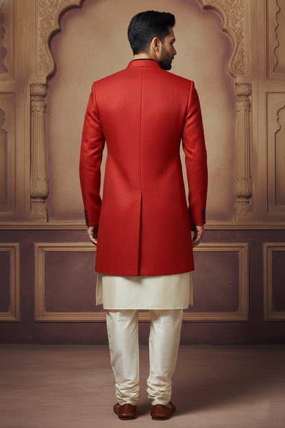 Red Textured Sherwani with Emblem