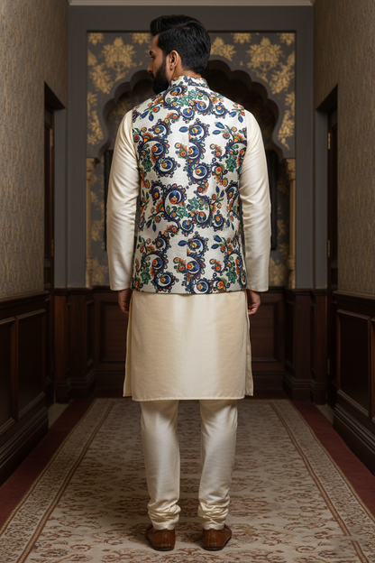 Title: Ornate Heritage: The Multi-Chrome Botanical Nehru Ensemble