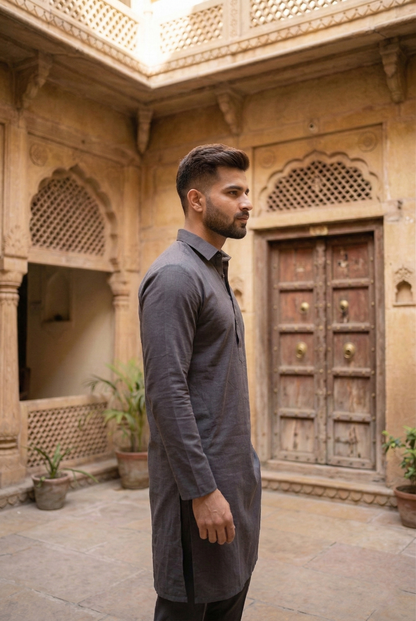 Men's Charcoal Grey Linen-Blend Plain Kurta Pajama Set
