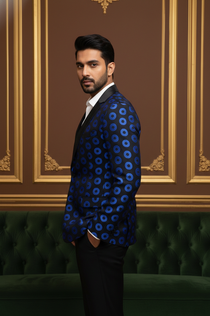 Men's Royal Blue Geometric Circle Print Party Wear Blazer with Satin Shawl Lapel