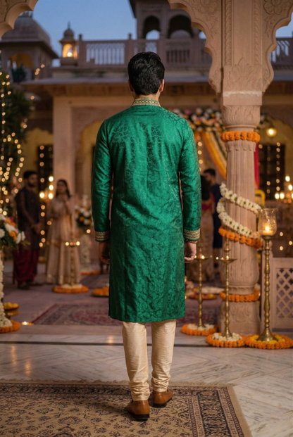 Men's Emerald Green Silk Kurta with Gold Work