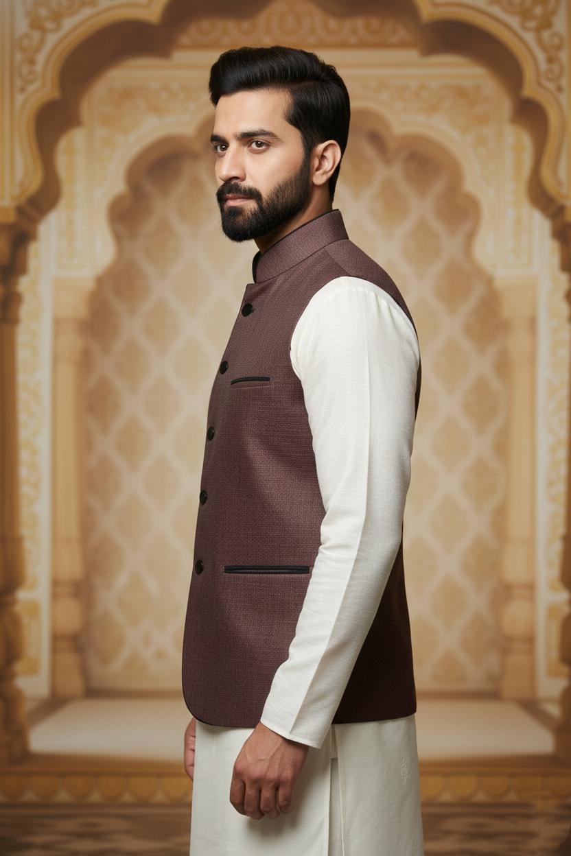 Men's Wine Red Textured Nehru Jacket – Slim Fit Minimalist Ethnic Waistcoat | Designer Modi Jacket for Weddings, Receptions & Festivals