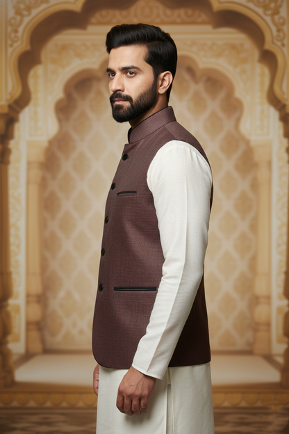Men's Wine Red Textured Nehru Jacket – Slim Fit Minimalist Ethnic Waistcoat | Designer Modi Jacket for Weddings, Receptions & Festivals