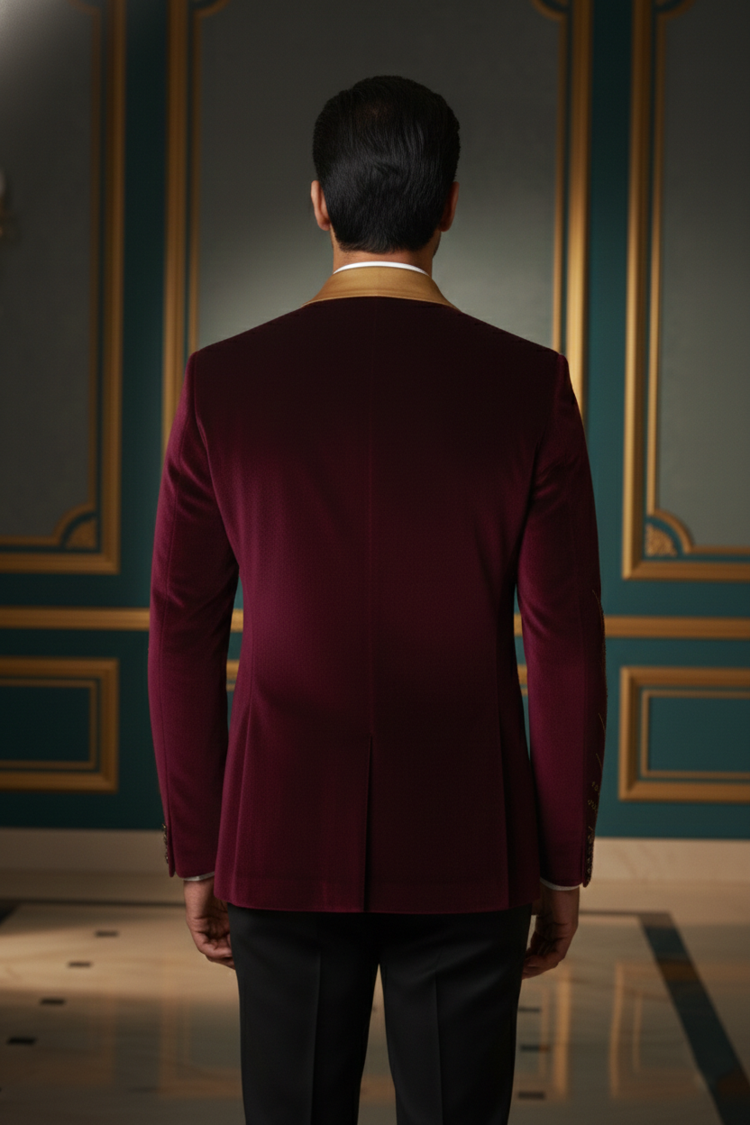 Majestic Maroon Velvet , Gold Embroidered Blazer