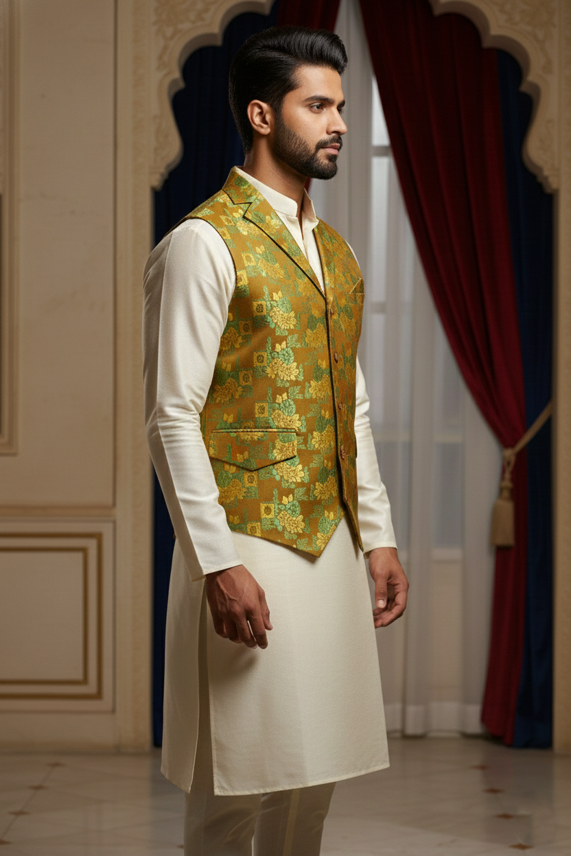 Men’s Brown Floral Designer Waistcoat | Yellow & Green Pattern Slim Fit Vest