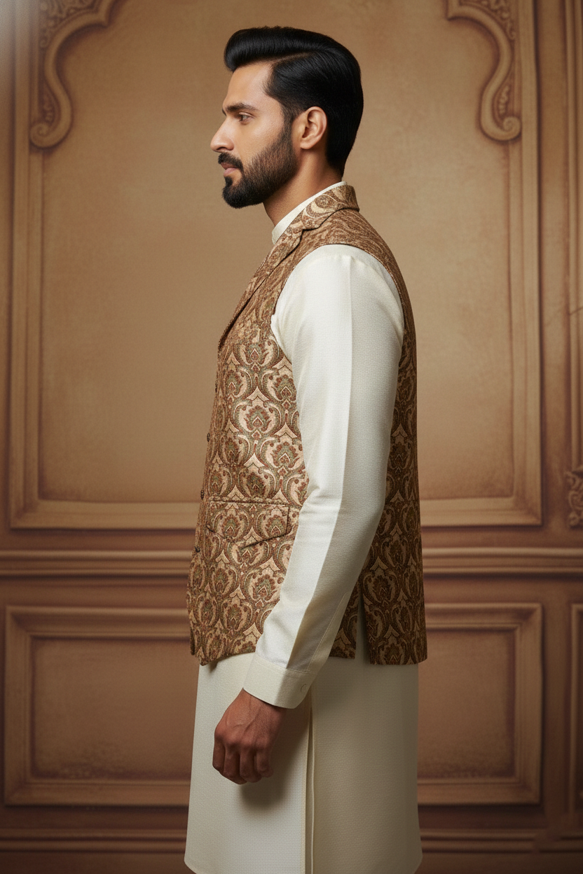 Men’s Vintage Brocade Damask Waistcoat – Formal Victorian Style Vest