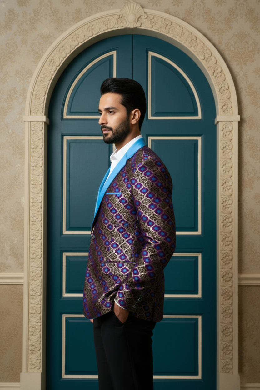 Man in Luxury Purple and Blue Patterned Brocade Blazer with Teal Lapels