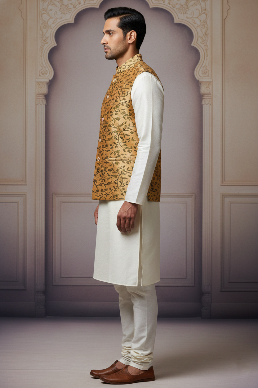 Gilded Foliage: The Golden Silk Brocade Nehru Jacket