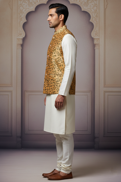 Gilded Foliage: The Golden Silk Brocade Nehru Jacket
