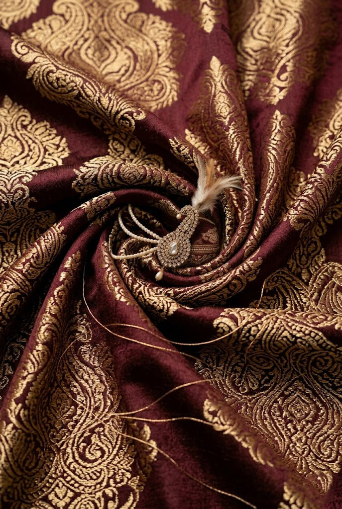 Royal Maroon Banarasi Silk Groom Pagri with Pearl Strings