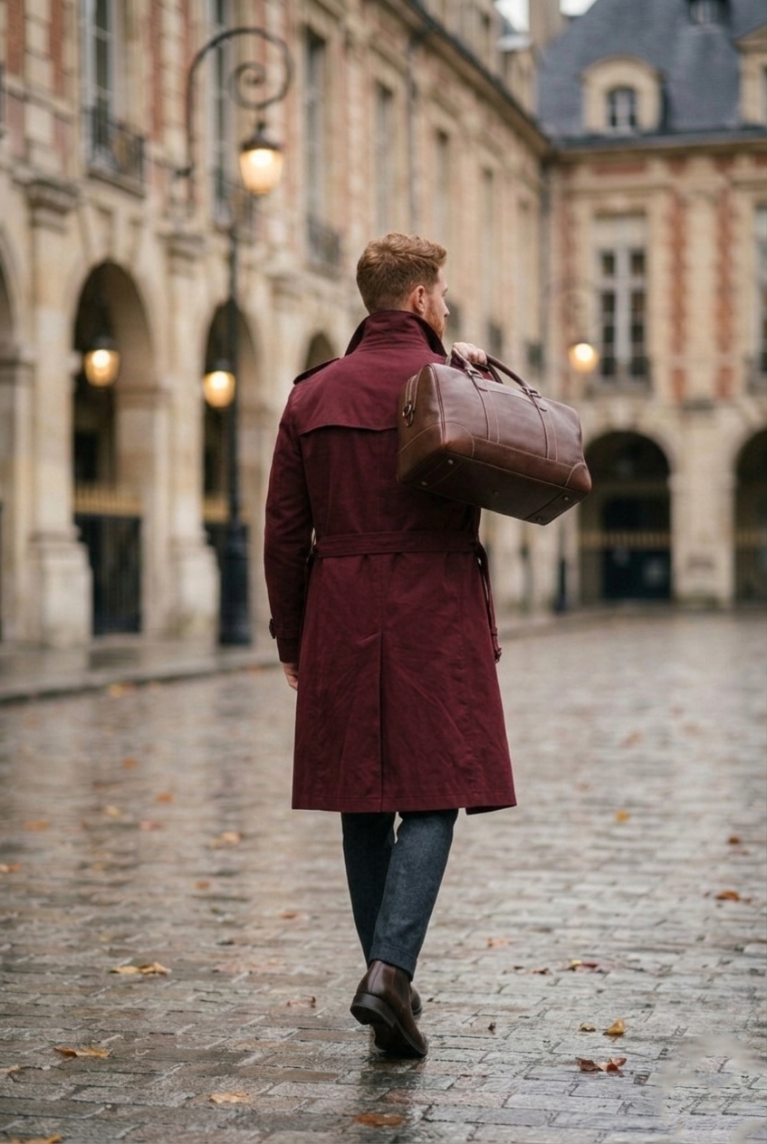 Men's Burgundy Double-Breasted Long Trench Coat