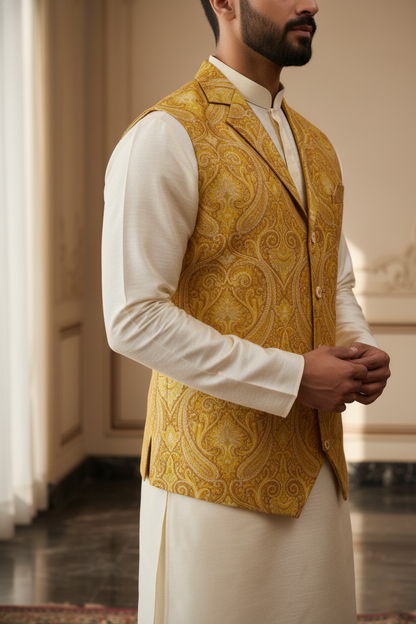 Men's Luxury Mustard Yellow Paisley Jacquard Nehru Jacket – Modern Notched Lapel Ethnic Waistcoat for Weddings and Festivals