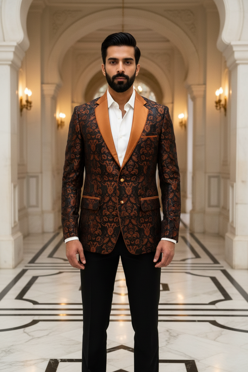 Men'sPremium Rust & Black Damask Jacquard Party Blazer , Slim Fit Tuxedo with Satin Shawl Lapel