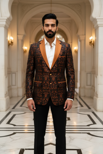Men'sPremium Rust & Black Damask Jacquard Party Blazer , Slim Fit Tuxedo with Satin Shawl Lapel