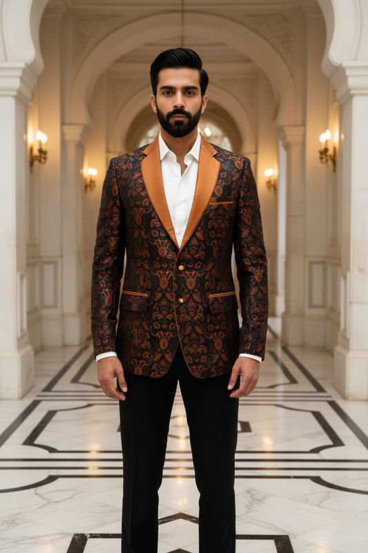 Men'sPremium Rust & Black Damask Jacquard Party Blazer , Slim Fit Tuxedo with Satin Shawl Lapel
