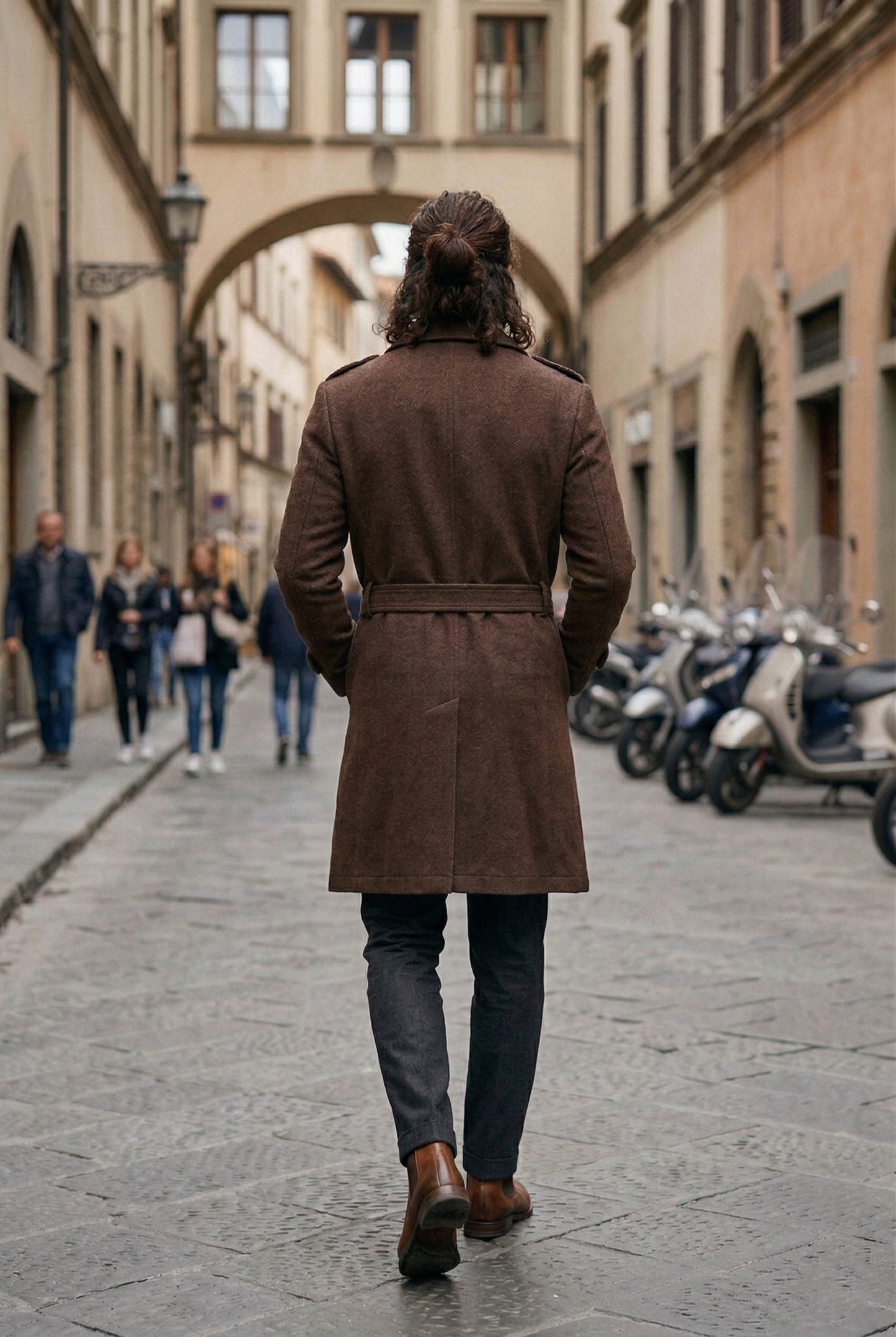 Men's Tailored Wool Trench Coat in Chocolate Brown