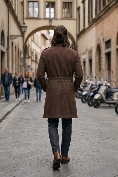 Men's Tailored Wool Trench Coat in Chocolate Brown
