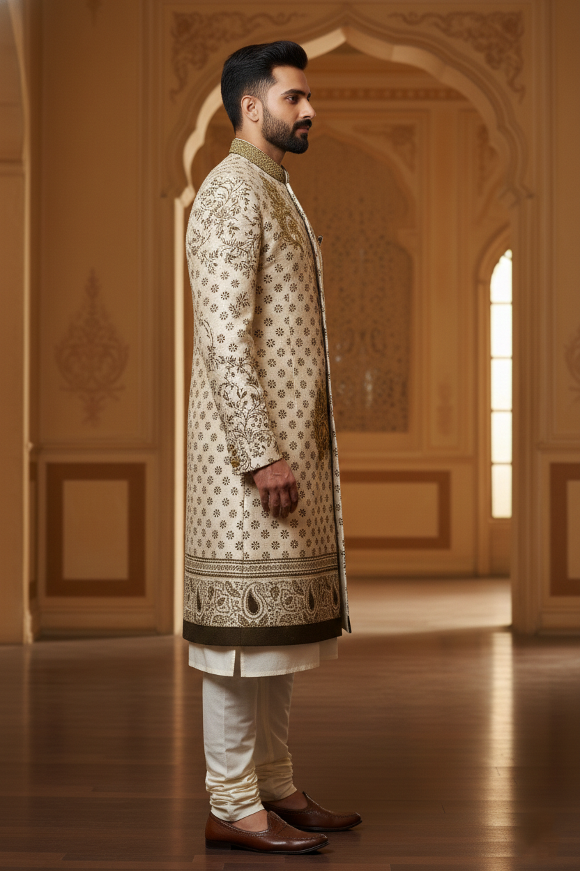 Cream Sherwani with Gold Embroidery