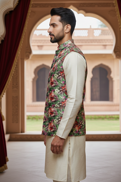 Vibrant Verdant Bloom: Men’s Floral Nehru Jacket