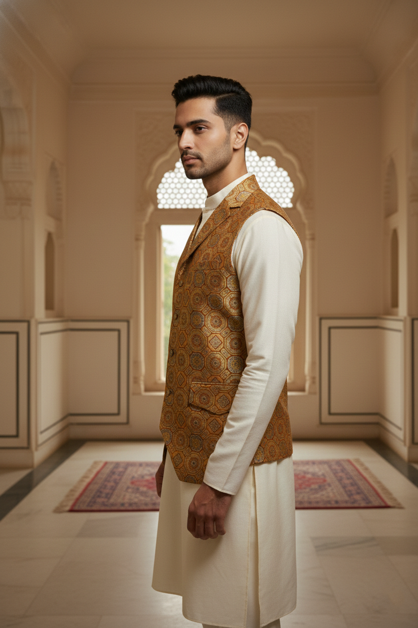 Men’s Brown Designer Waistcoat | Red & Blue Work Slim Fit Festive Vest