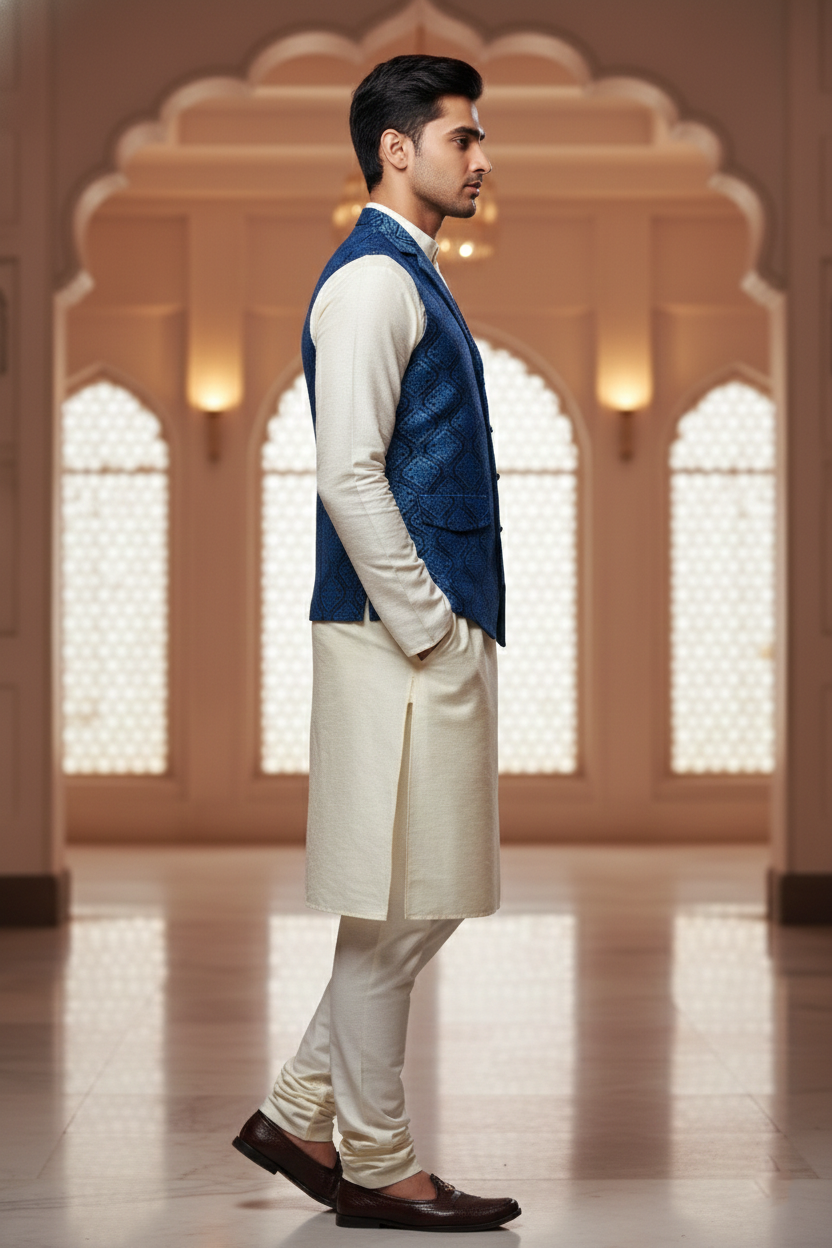 Men’s Dark Blue Jacquard Silk Waistcoat with Notch Lapel | Slim Fit Festive Vest