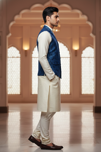 Men’s Dark Blue Jacquard Silk Waistcoat with Notch Lapel | Slim Fit Festive Vest