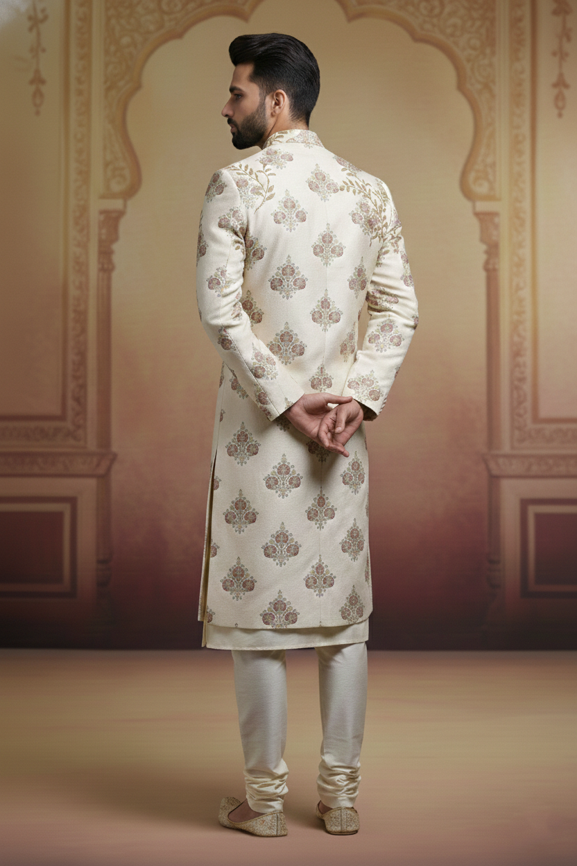 Cream Sherwani with Gold & Maroon Embroidery
