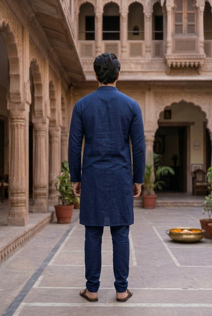 Men's Navy Blue Cotton Silk Plain Kurta Pajama Set