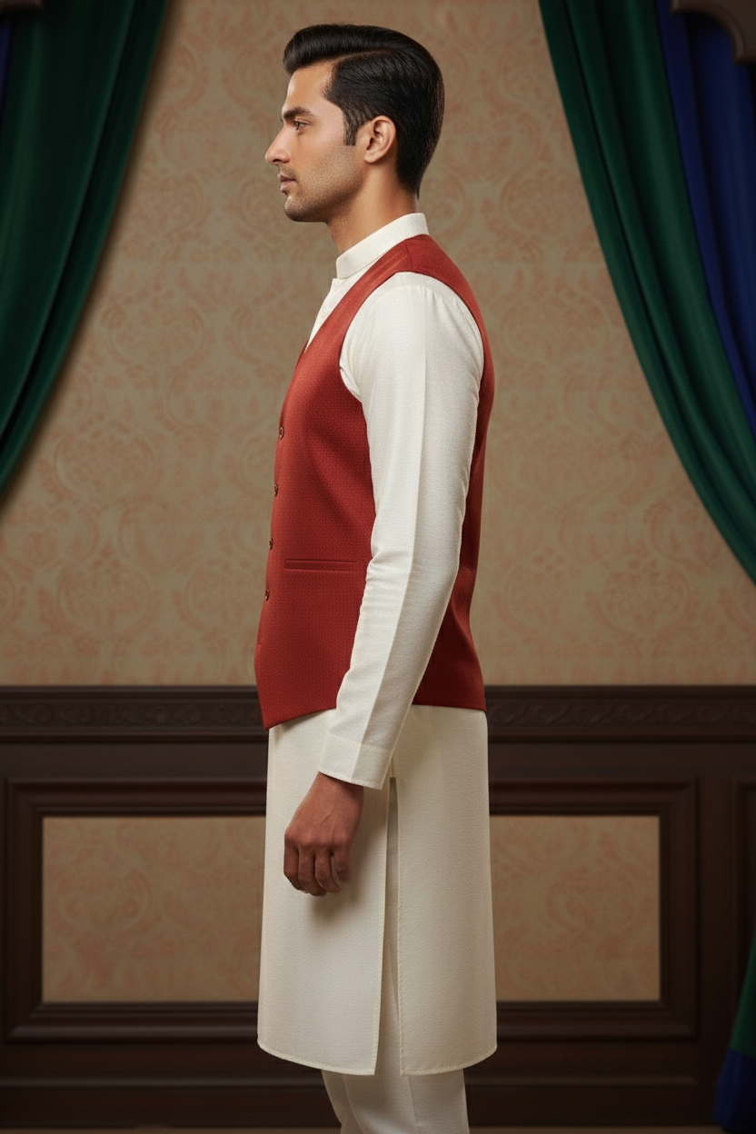 Men’s Red Jacquard Silk Waistcoat with Notch Lapel | Slim Fit Festive Vest