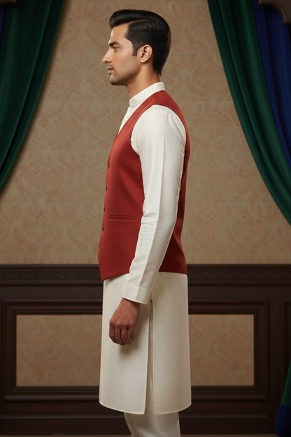 Men’s Red Jacquard Silk Waistcoat with Notch Lapel | Slim Fit Festive Vest