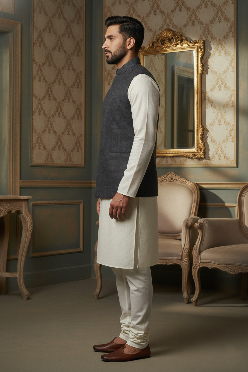 Men’s Charcoal Textured Nehru Jacket with Ivory Kurta