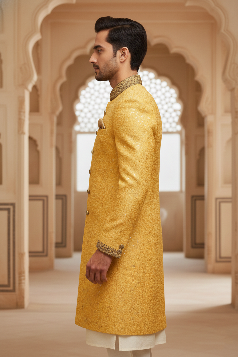 Men'sMustard Embroidered Wedding Sherwani