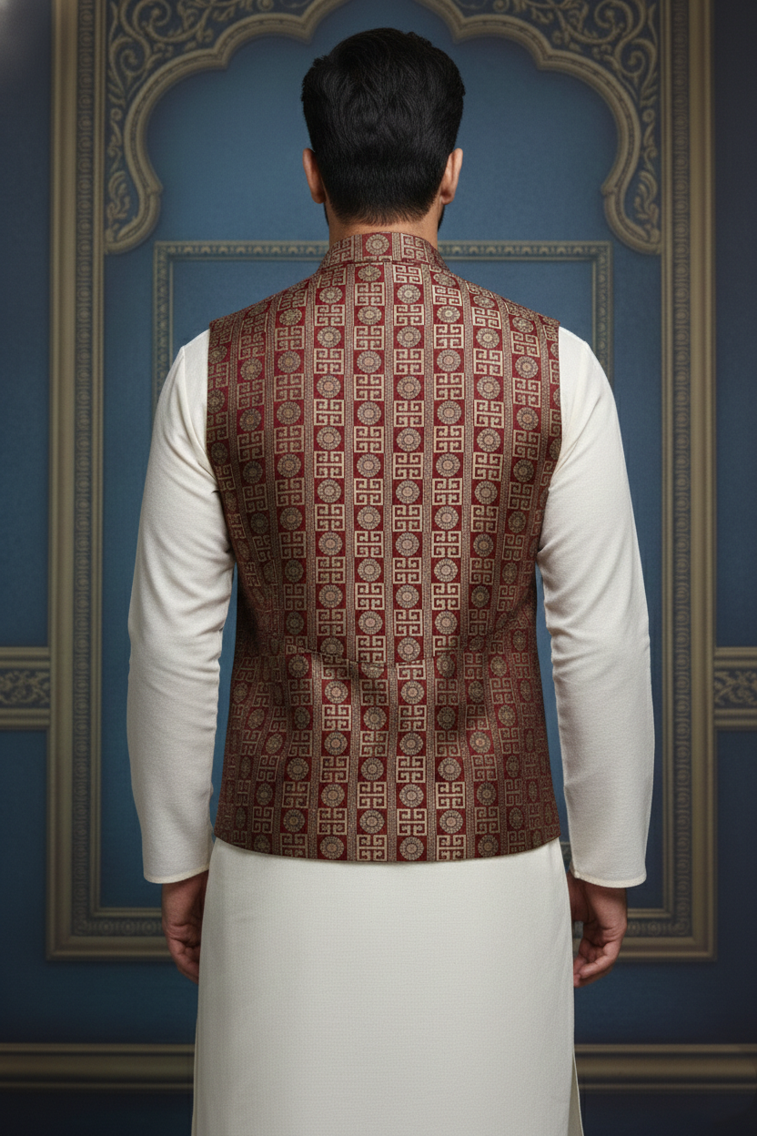 Men’s Maroon Designer Printed Waistcoat | Slim Fit Festive & Party Wear Vest